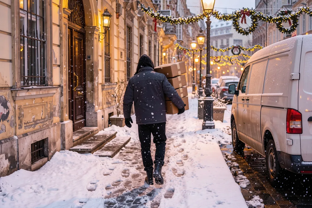 Futár havas, karácsonyi fényekkel díszített budapesti utcán csomagokat visz