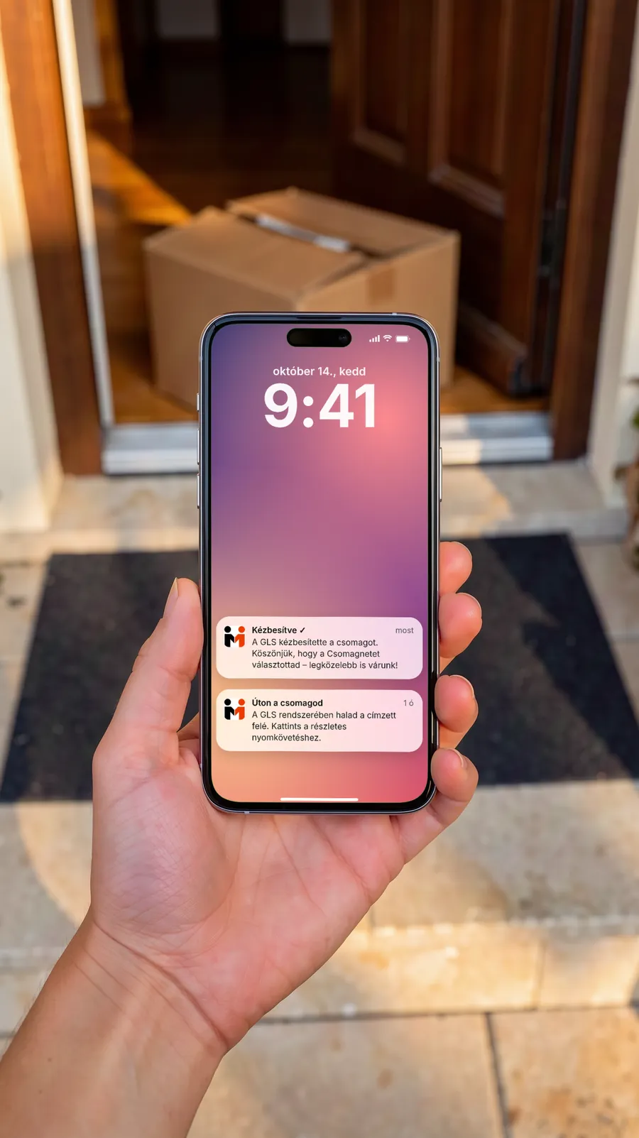 Kézbesítési értesítés a Csomagnet appból egy iPhone zárolt képernyőjén