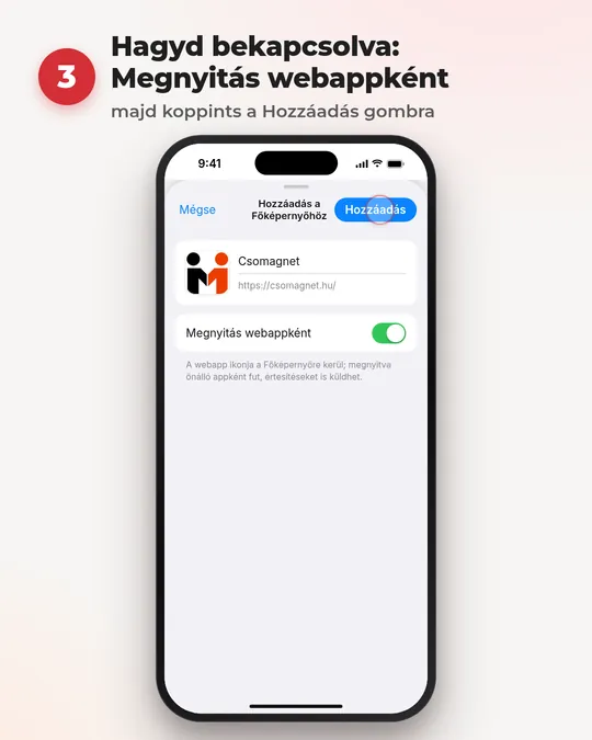 Megnyitás webappként → Hozzáadás